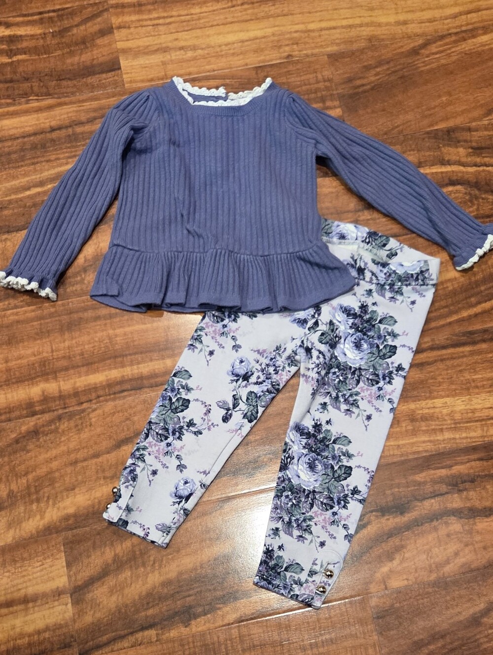 Janie and Jack EUC 18-24 Months Purple Ribbed Sweater and Floral Ponte Pants